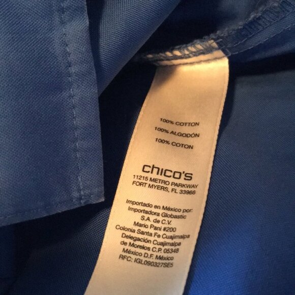 Chicos Royal blue button up blouse 100% cotton wrinkle resistant - Picture 6 of 8